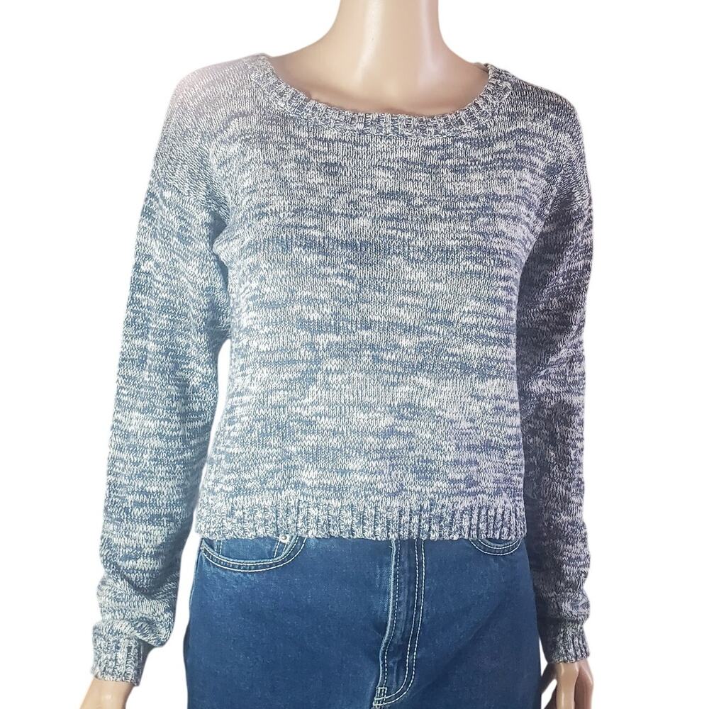 MINKPINK Women S Blue Cream Marled Cropped Lightweight Long Sleeve Sweater